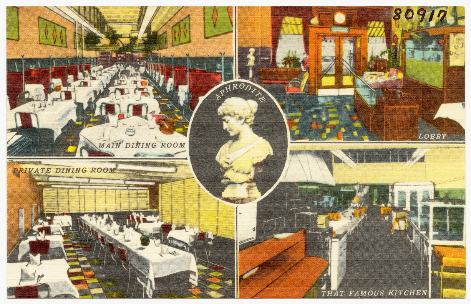 U.S. Famous Steak House; Aphrodite, main dining room, private dining room, lobby, that famous kitchen, Boston Public Library - undated