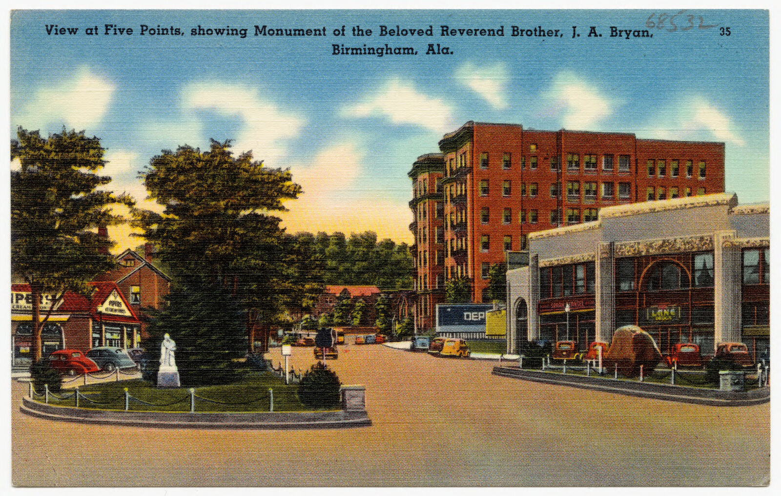View at Five Points, showing monument of beloved Reverend Brother J. A. Bryan, Birmingham, Ala., Boston Public Library - undated