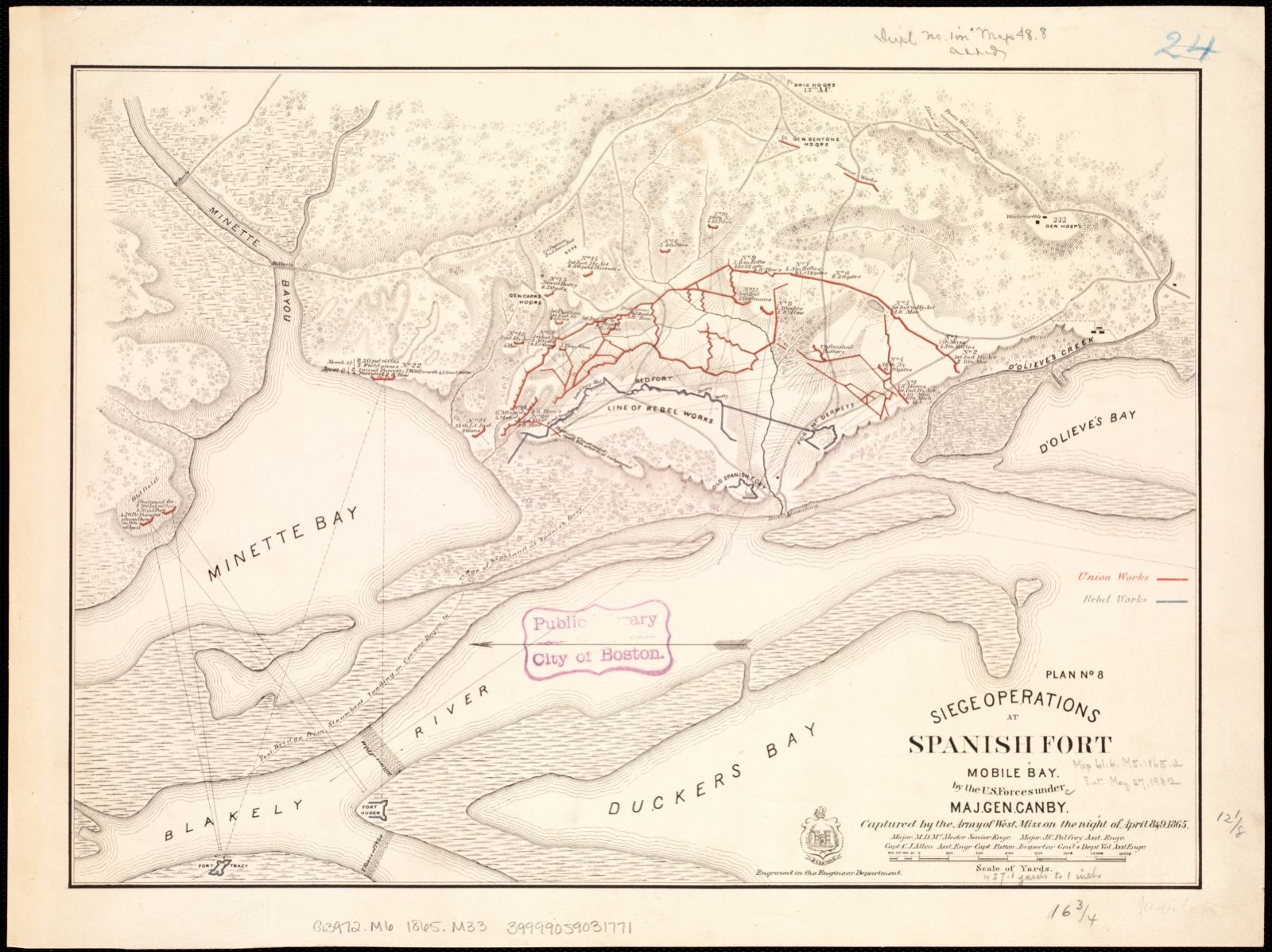 Siege operations at Spanish Fort, Mobile Bay by the U.S. forces under Maj. Gen. Canby. Captured by the Army of West Miss. on the night of April 8 & 9, 1865, Boston Public Library - undated