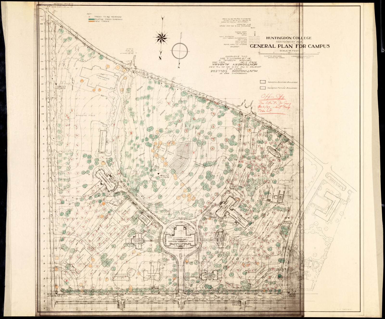 HUNT. COLL./ GENERAL PLAN FOR CAMPUS/ TOPO MAP OF HUNT. COLLEGE/ SHEET # 1/ LOCATED S.W. 1/4 SECT. 20, T16, R18E/ ; SCALE 1"= 50', Frederick Law Olmsted National Historic Site - undated