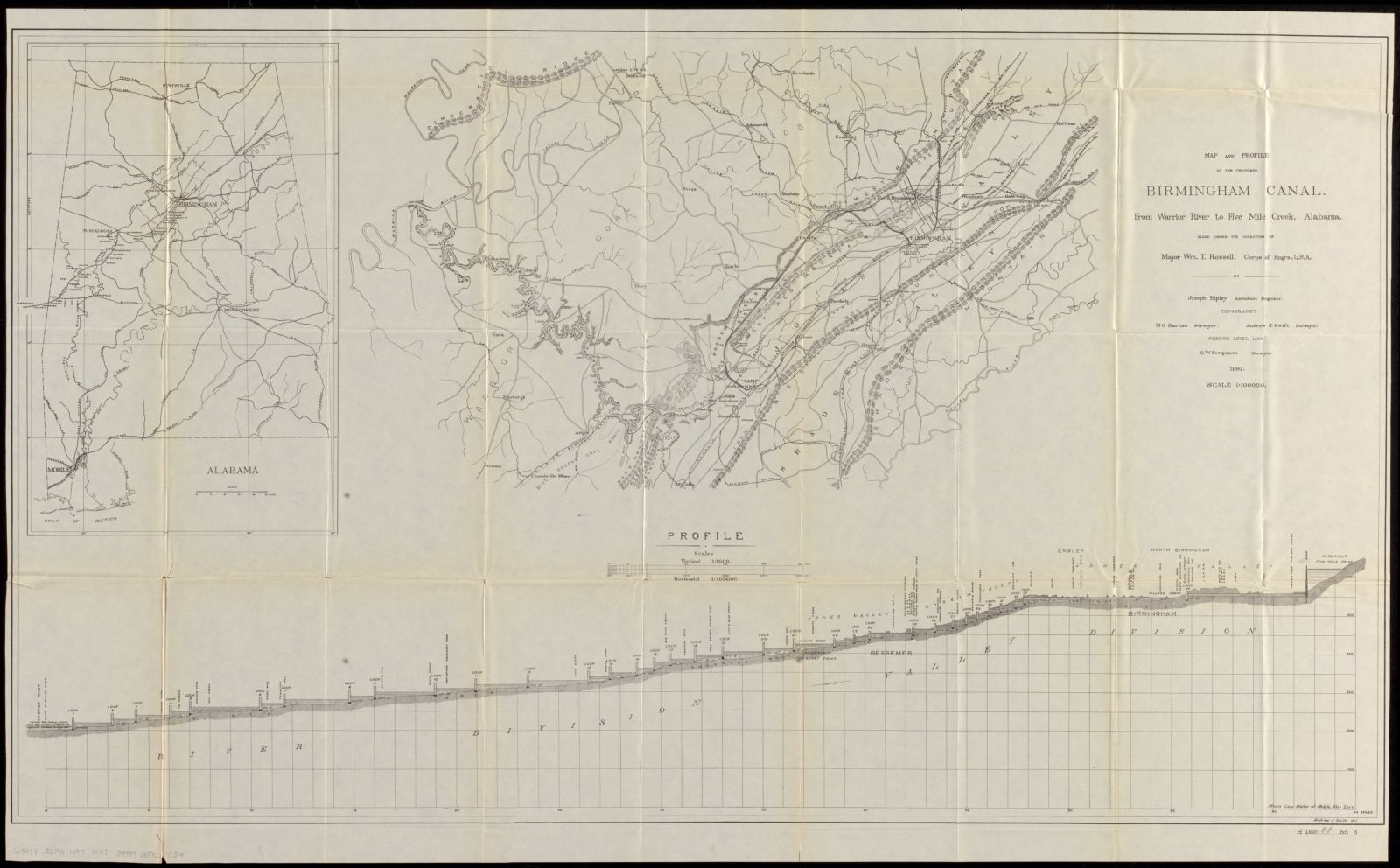 Map and profile of the proposed Birmingham Canal from Warrior River to Five Mile Creek, Alabama, Boston Public Library - undated