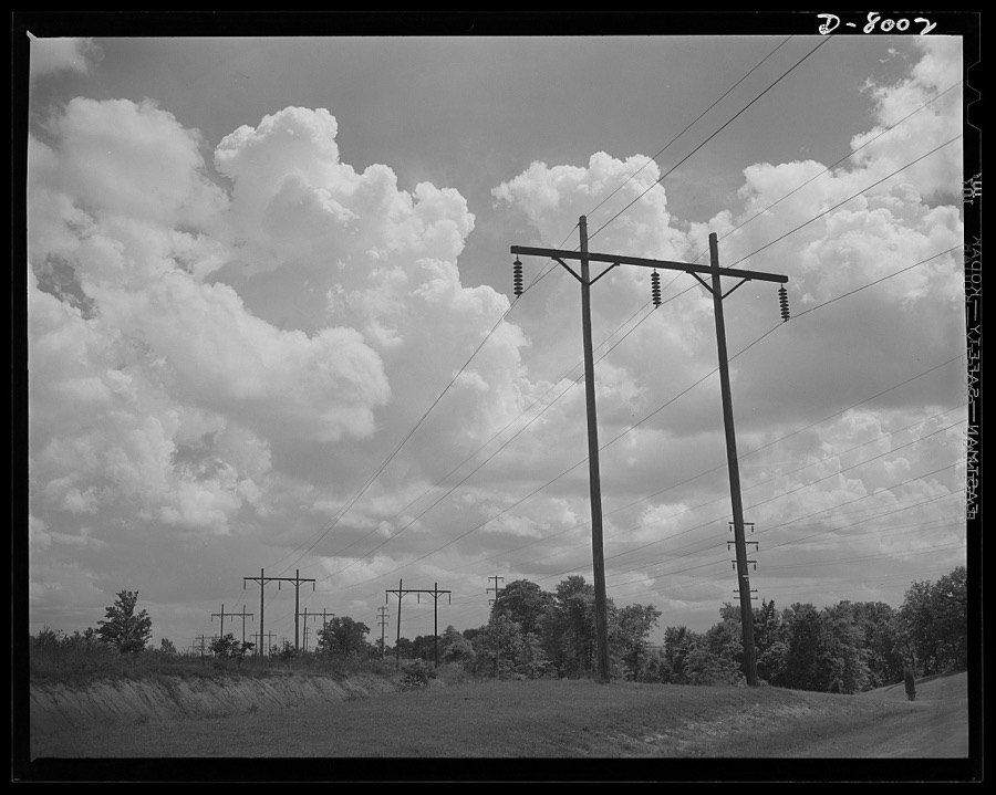 Tennessee Valley Authority. Pole line carrying 110-volt current generated at TVA's hydroelectric plant at Wilson Dam. Located near Sheffield, Alabama, 260 miles above the mouth of the Tennessee River, the dam has an authorized power installation of 288,000 kilowatts, which can be increased to a possible ultimate of 444,000 kilowatts. The reservoir at the dam adds 377,000 acre-feet of water to controlled storage on the Tennessee River system