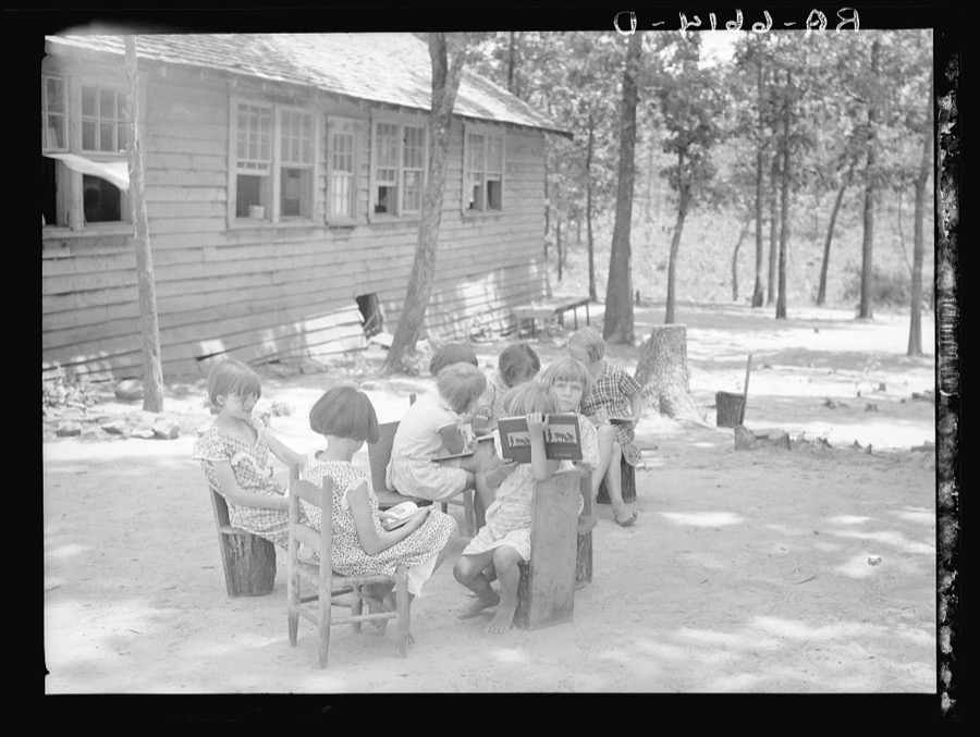 Schoolhouse and school scene at the Skyline Farms near Scottsboro, Alabama