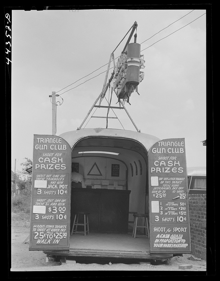 Trailer shooting gallery on the main street of Childersburg, Alabama