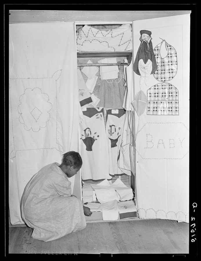 A display of sewing and needle work made by NYA (National Youth Administration) girls in school home economics room. Gee's Bend, Alabama
