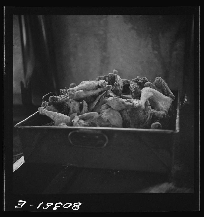 A hot tray of crisp chicken. Craig Field, Southeastern Air Training Center, Selma, Alabama