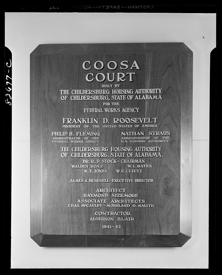 Childersburg, Alabama. Cousa Court defense housing project. Plaque in the recreation room