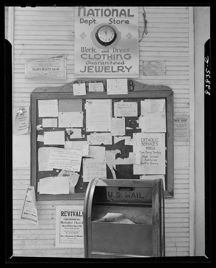 Childersburg, Alabama. Bulletin board outside of the post office