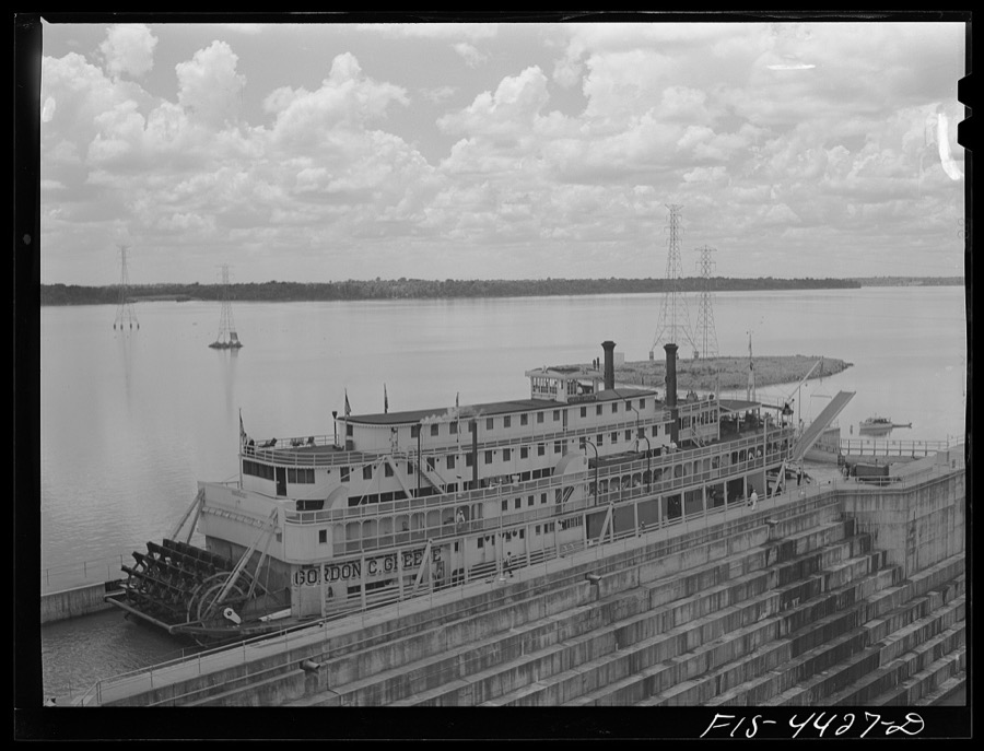 Wheeler Dam, Alabama (Tennessee Valley Authority (TVA)). Excursion steamer from Cincinnatti in lock at Wheeler Dam, Alabama