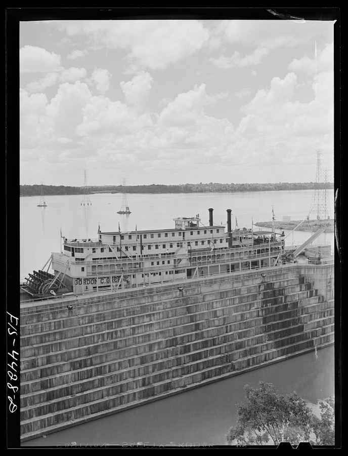 Wheeler Dam, Alabama (Tennessee Valley Authority (TVA)). Excursion steamer from Cincinnatti in lock at Wheeler Dam, Alabama