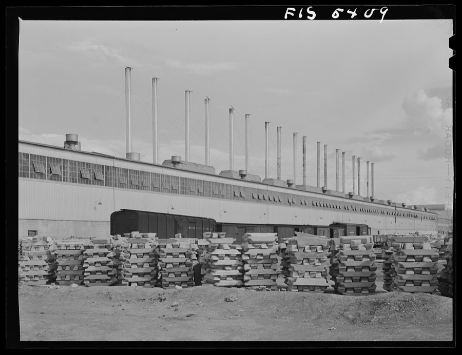 Sheffield, Alabama. Reynolds Alloys Company. The cast house where the aluminum pigs are melted and cast into slabs for rolling