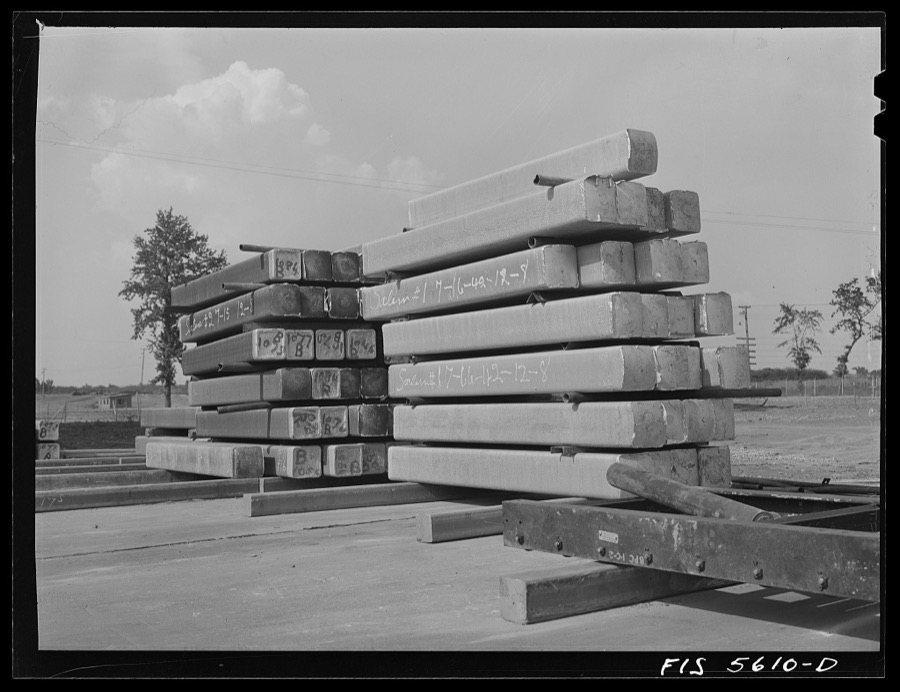 Sheffield, Alabama. Reynolds Alloys Company. Ingots such as these are turned into long rods at the structural mill