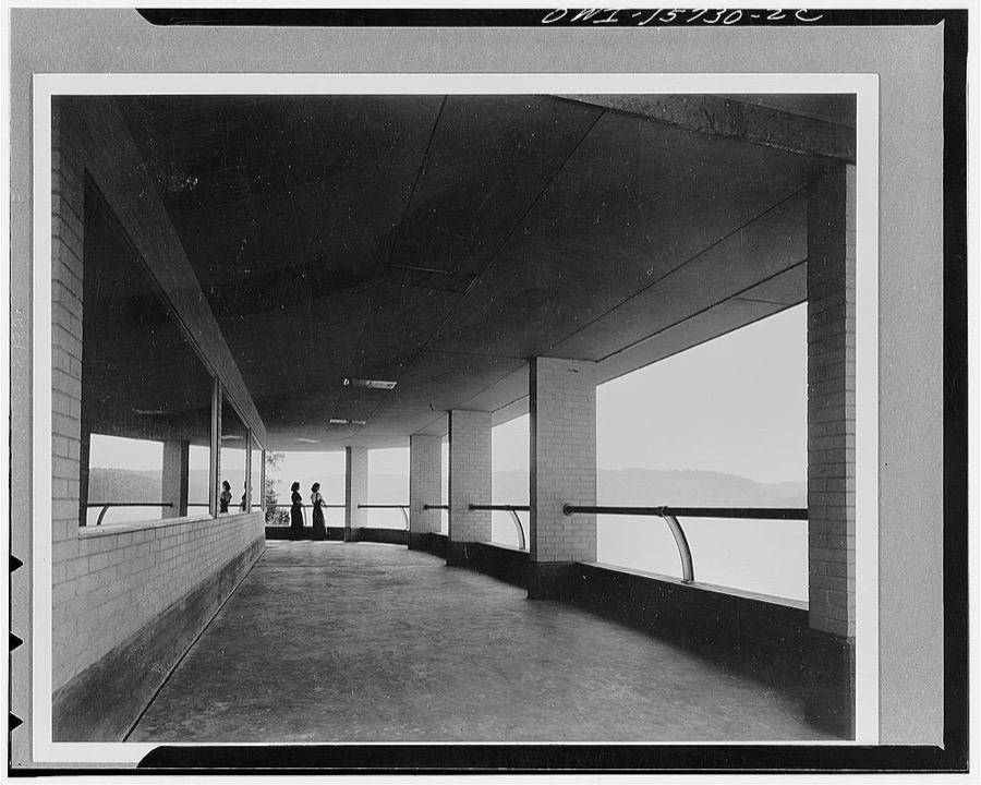 Visitors' builidngs. View of Guntersville Lake from the terrace of the visitors' building shown on K 1942. Note the rail supported on bent structural T-shapes and prrojected inward for comfort