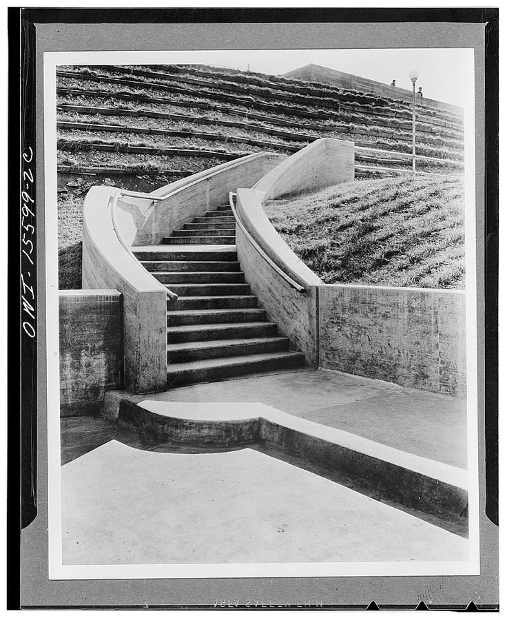 Incidental paths, stairways, parapets, etc., are designed with as much care as major structures. The one shown here is at Wheeler Dam, Alabama, and serves to make the control building accessible to visitors. Grading and planting are unfinished