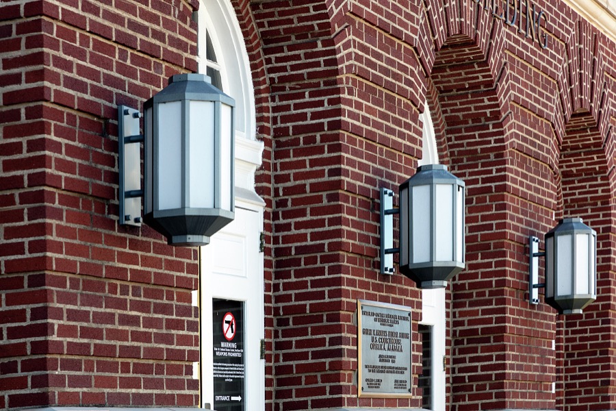 Light fixtures at the George W. Andrews Federal Building and U.S. Courthouse is a historic government building in Opelika, Alabama