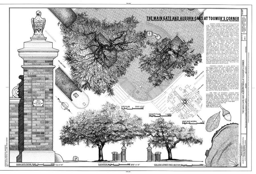 Main Gate and Auburn Oaks at Toomer's Corner, Entrance to Auburn University's Campus, Intersection of West Magnolia Avenue and South College Street, Auburn, Lee County, AL