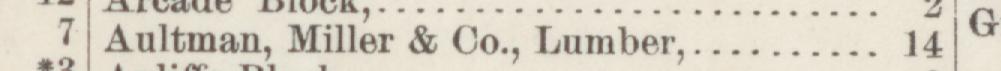 The line reading Aultman, Miller & Co., Lumber in the 1886 atlas index