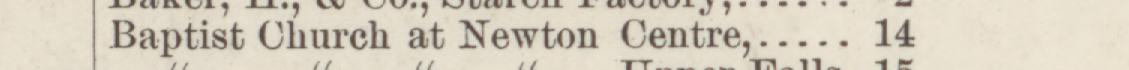 The line reading Baptist Church at Newton Centre in the 1884 atlas index