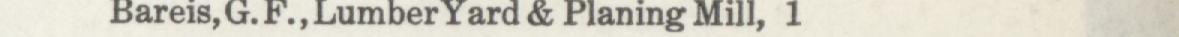 The line reading Bareis, G. F., Lumber Yard & Planing Mill, 1 in the 1915 atlas index