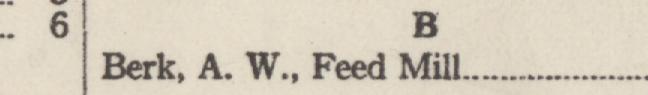 The line reading Berk, A. W. Feed Mill in the 1922 atlas index