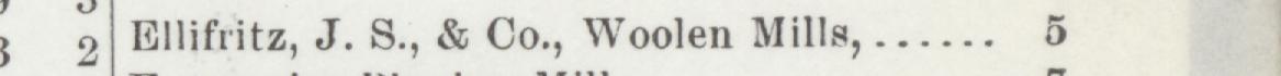 The line reading Bllfritz, J.S.,& Co., Woolen Mill in the 1905 atlas index