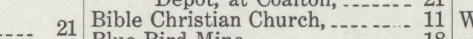 The index line reading Bible Christian Church in the 1921 atlas