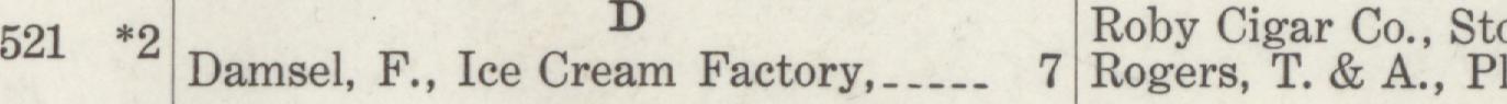 The line reading Damsel, F., Ice Cream Factory in the 1915 atlas index