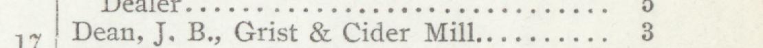 The line reading Dean, J. B., Grist & Cider Mill in the 1908 atlas index
