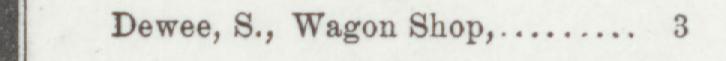 The line reading Dewee, S., Wagon Shop in the 1899 atlas index