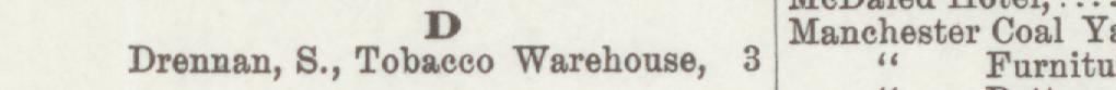 The line reading Drennan, S., Tobacco Warehouse, : in the 1897 atlas index