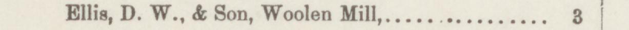 The line reading Ellis, D. W., & Son, Woolen Mill in the 1887 atlas index