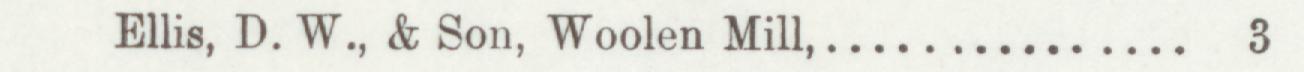 The index line reading Ellis, D. W., & Son, Woolen Mill in the 1896 atlas