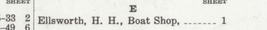 The line reading Ellsworth, H. H. Boat Shop in the 1928 atlas index