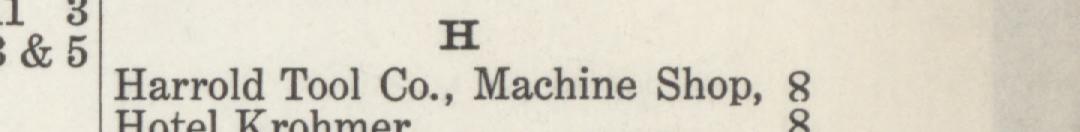 The line reading Harrold Tool Co., Machine Shop, 8 in the 1915 atlas index