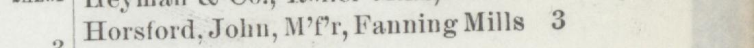 The line reading Horsford, John, MPr, Fanning Mills in the 1893 atlas index