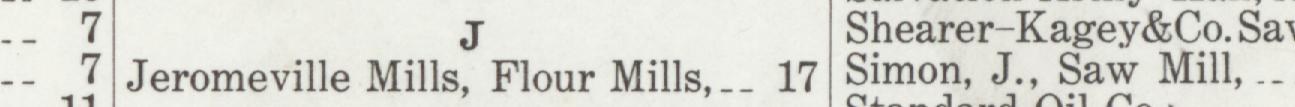 The line reading Jeromevile Mills, Flour Mils, . 1 in the 1911 atlas index