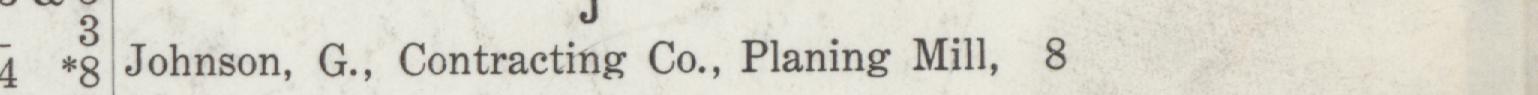 The line reading Johnson, G., Contracting Co., Planing Mill in the 1911 atlas index