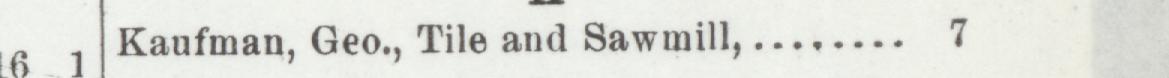The line reading Kanfman, Geo, Tile and Sawmill in the 1901 atlas index