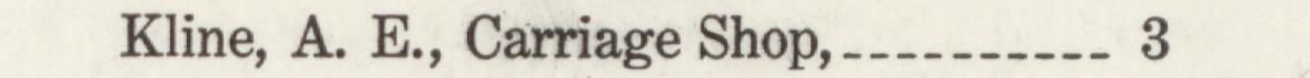 The line reading Kline, A. E., Carriage Shop in the 1915 atlas index