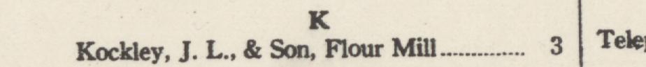 The line reading Kockey, J. L, & Son, Flour Mill in the 1922 atlas index