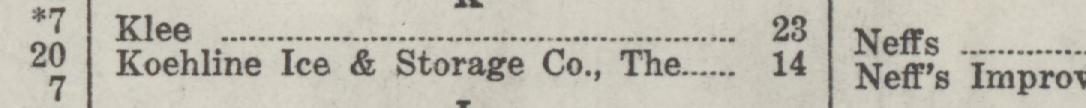 The line reading Koehline Ice & Storage Co., The in the 1924 atlas index