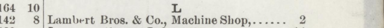 The line reading Lambert Bros. & Co., Machine Shop in the 1889 atlas index
