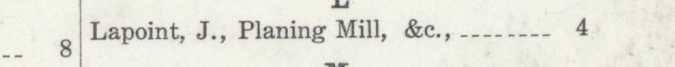 The line reading Lapoint, J., Planing Mill &c in the 1909 atlas index