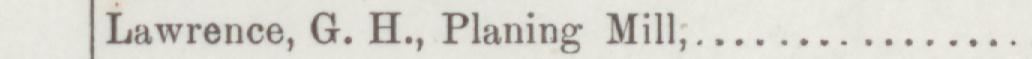The line reading Lawrence, G. H., Planing Mill in the 1889 atlas index