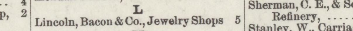 The line reading Lincoln, Bacon & O., Jewelry Shops in the 1885 atlas index