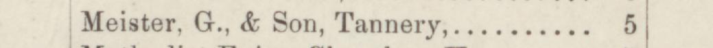 The line reading Meister, G., & Son, Tannery in the 1884 atlas index