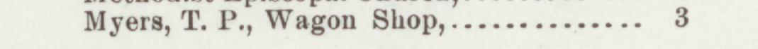 The line reading Myers, T. P., Wagon Shop in the 1899 atlas index