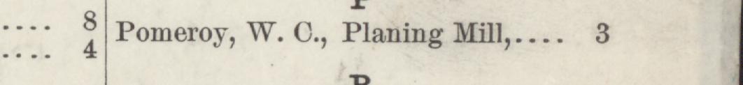 The line reading Pomeroy, W. O., Planing Mill in the 1884 atlas index