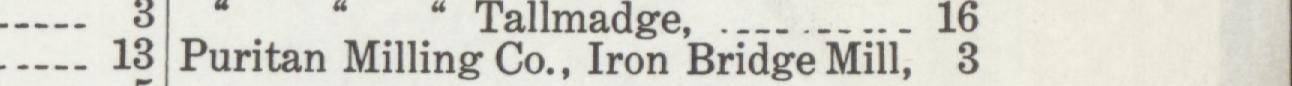 The line reading Puritan Milling Co., Lron Bridge Mill in the 1916 atlas index