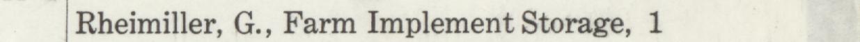 The line reading Rheimiller, G., Farm Implement Storage in the 1910 atlas index
